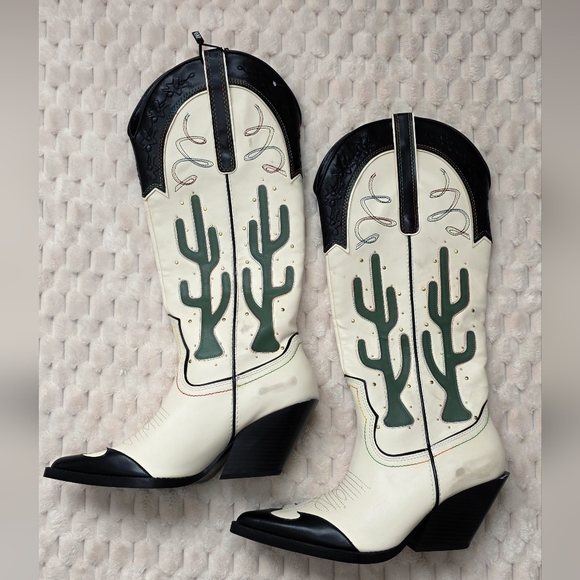 NWT Zara Ivory Cactus Embroidered Contrast Knee-High Heeled Cowgirl Boots - Picture 9 of 16